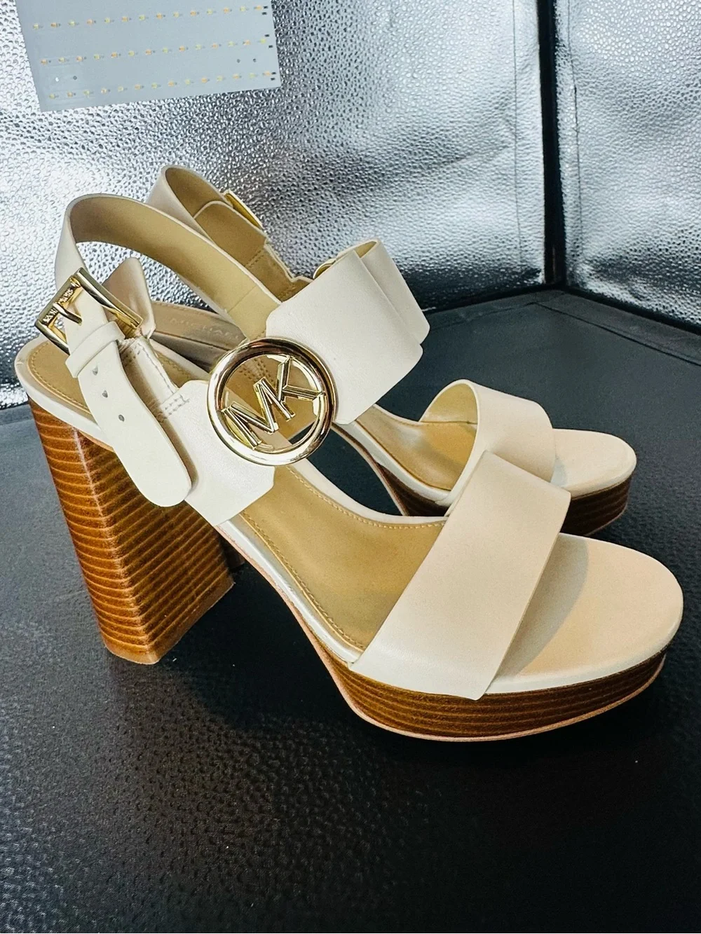MICHAEL KORS Cream Leather Platform Block Heel Sandals with Gold MK Logo